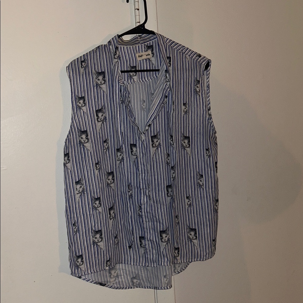 La Vie Lente Striped Cat Tie Neck Sleeveless Blouse XL